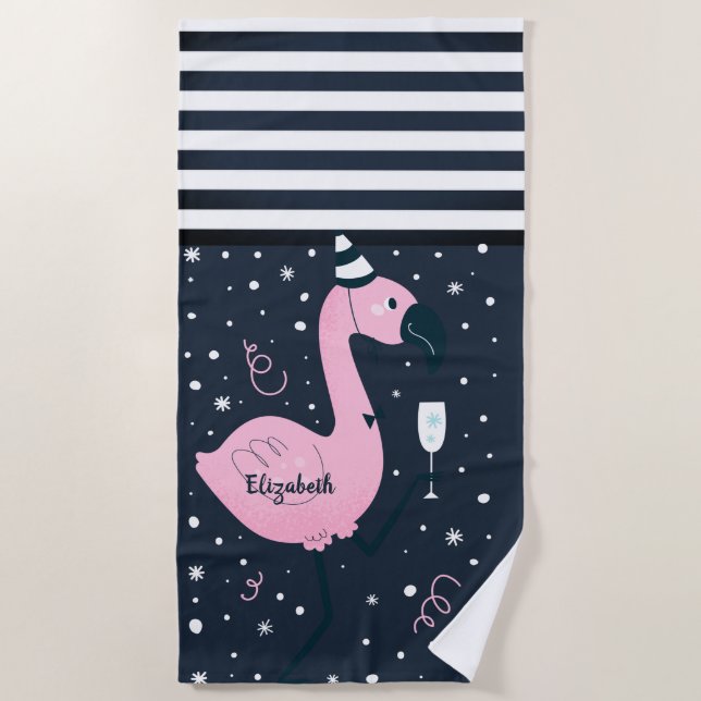 Cool rosa Flamingo Nautical Navy Blau Streifen Strandtuch (Vorderseite)