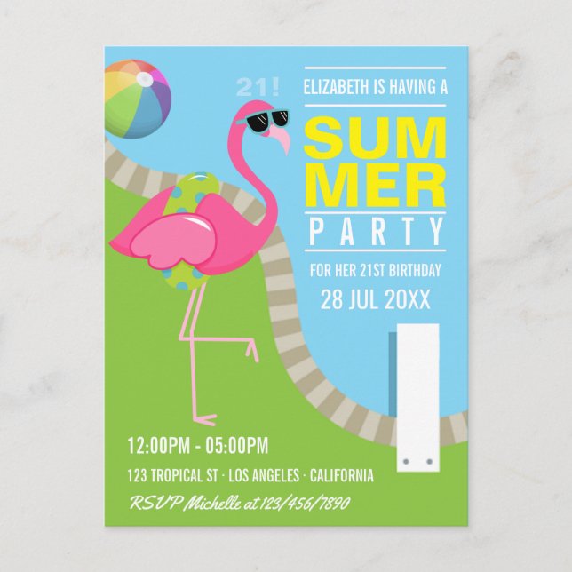 Cool rosa Flamingo Sommer Pool Geburtstagsparty Postkarte (Vorderseite)