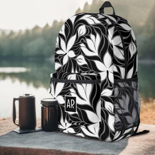 Cool Schwarz-weiß Modernes Blumenmuster Mit Monogr Bedruckter Rucksack (Cool Black White Modern Floral Pattern Monogrammed Printed Backpack
)