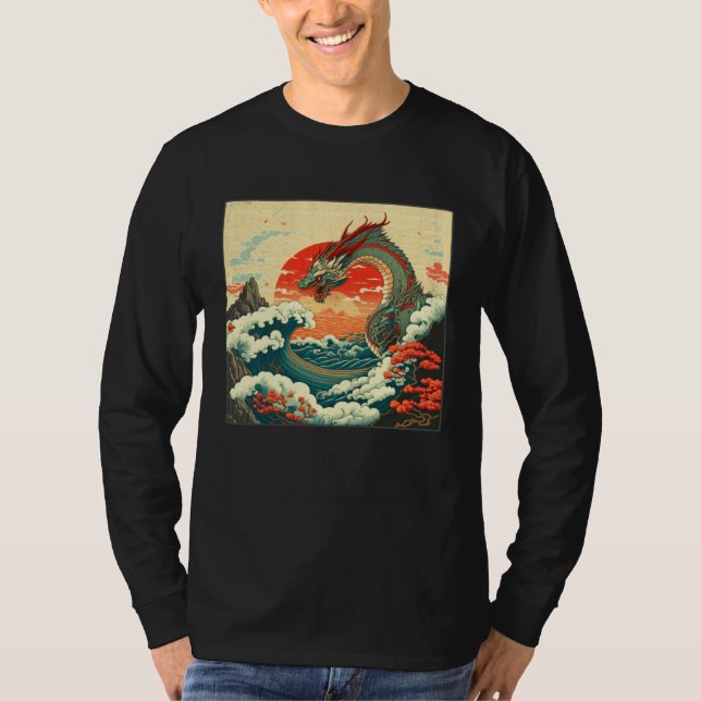Cool Sea Dragon Illustration Ocean Waves Sunset Wo T-Shirt (Vorderseite)
