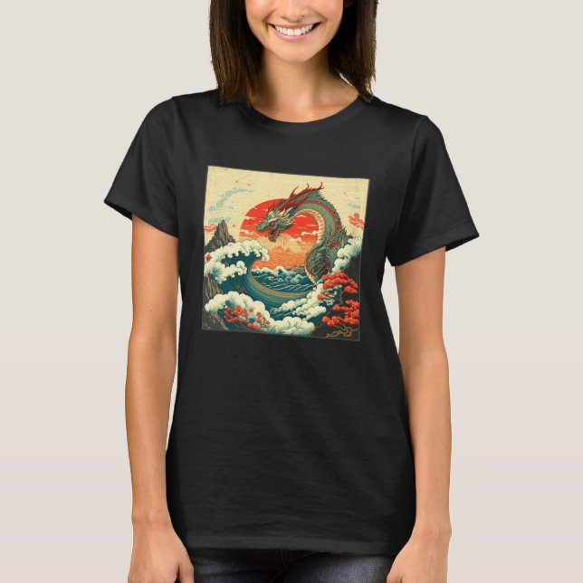Cool Sea Dragon Illustration Ocean Waves Sunset Wo T-Shirt (Vorderseite)