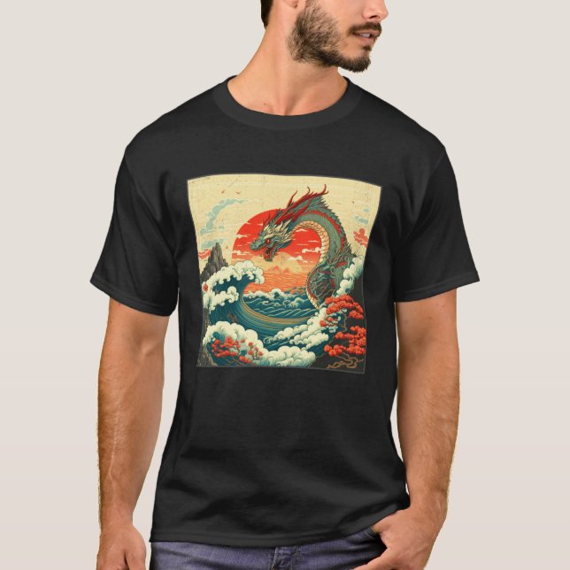 Cool Sea Dragon Illustration Ocean Waves Sunset Wo T-Shirt (Vorderseite)