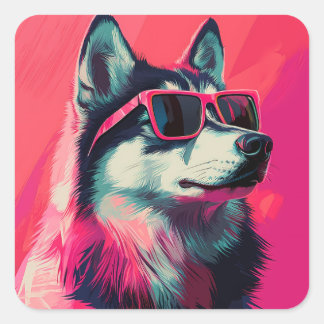 Cool Siberian Husky dog with sunglasses Quadratischer Aufkleber