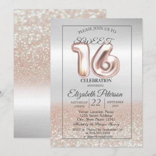 Cool Silver Rose Gold Bokeh Sweet 16 Party Einladung