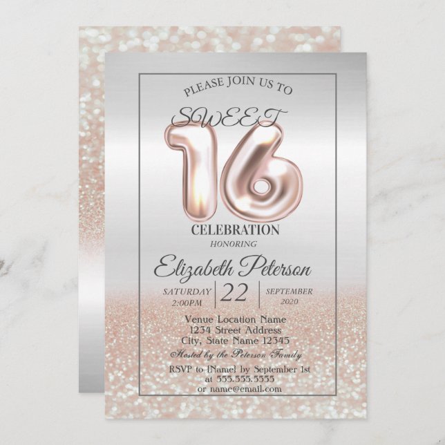 Cool Silver Rose Gold Bokeh Sweet 16 Party Einladung (Vorne/Hinten)