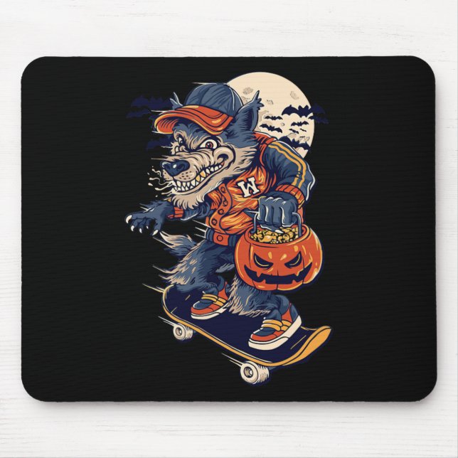 Cool Skateboarding Wolf Carrying A Halloween Pumpk Mousepad (Vorne)