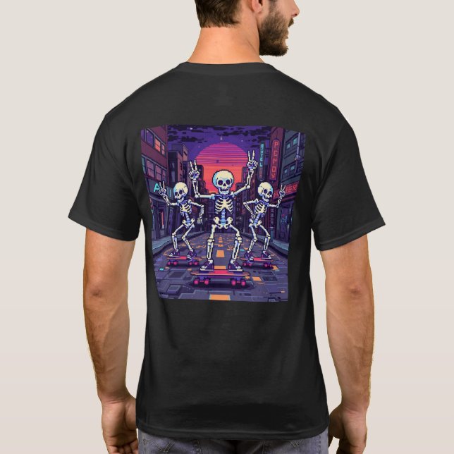 Cool Skeletons In The City Vaporwave Style Design T-Shirt (Rückseite)