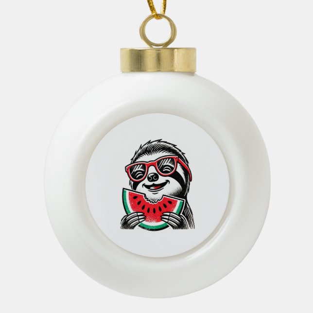 Cool-Sloth, der Wassermelone isst Keramik Kugel-Ornament (Vorderseite)