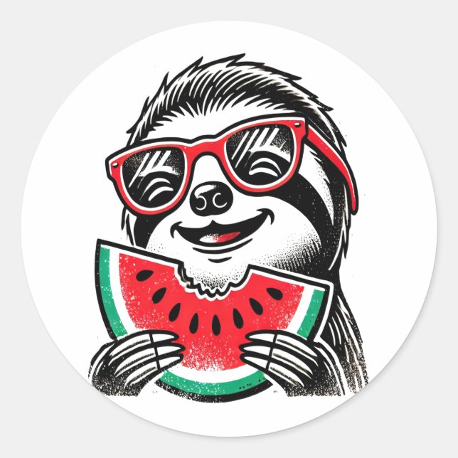 Cool Sloth Eating Watermelon Runder Aufkleber (Vorderseite)
