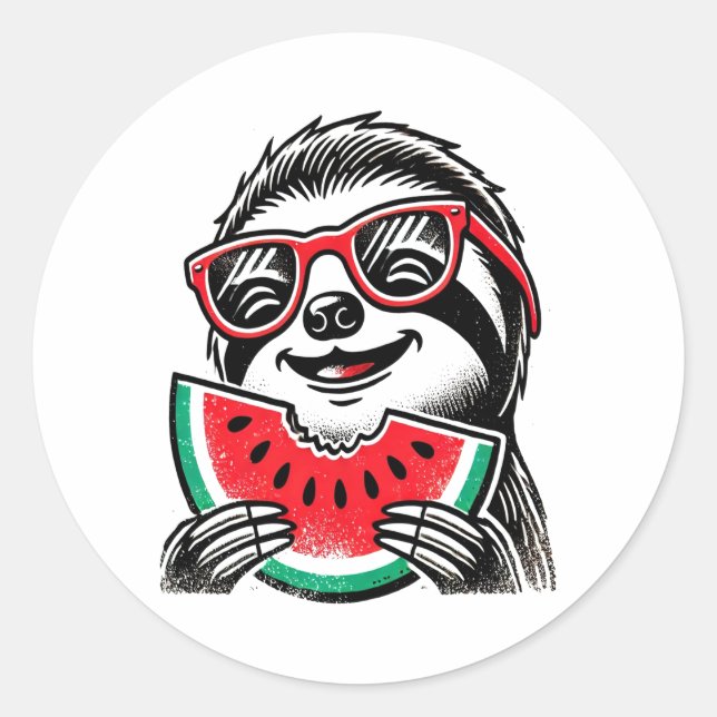 Cool Sloth Eating Watermelon Runder Aufkleber (Vorderseite)