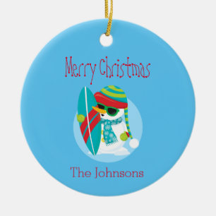 Cool Snowman Christmas Surfer Keramik Ornament