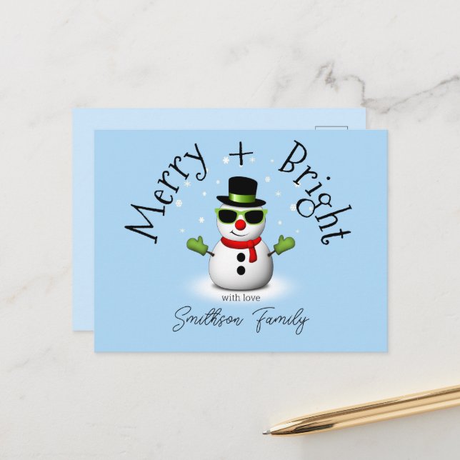 Cool Snowman Merry Bright Weihnachts Custom Family Postkarte (Vorderseite/Rückseite Beispiel)