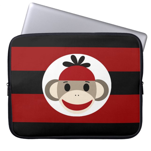 Cool Sock Monkey Beanie Hat Red Black Stripes Laptopschutzhülle (Vorderseite)