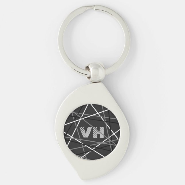 Cool Stripte Gitarre Graue Schwarz-Initialen Schlüsselanhänger (Vorderseite)