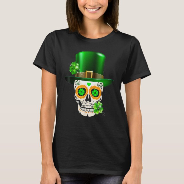 Cool Sugar Skull St Patrick's Day Shamrock Irish L T-Shirt (Vorderseite)