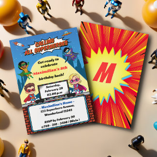 Cool Superhero Cartoon Modern Boy's Geburtstagspar Einladung