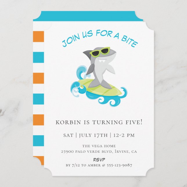 Cool Surfhai Geburtstagspartei Einladung (Vorne/Hinten)