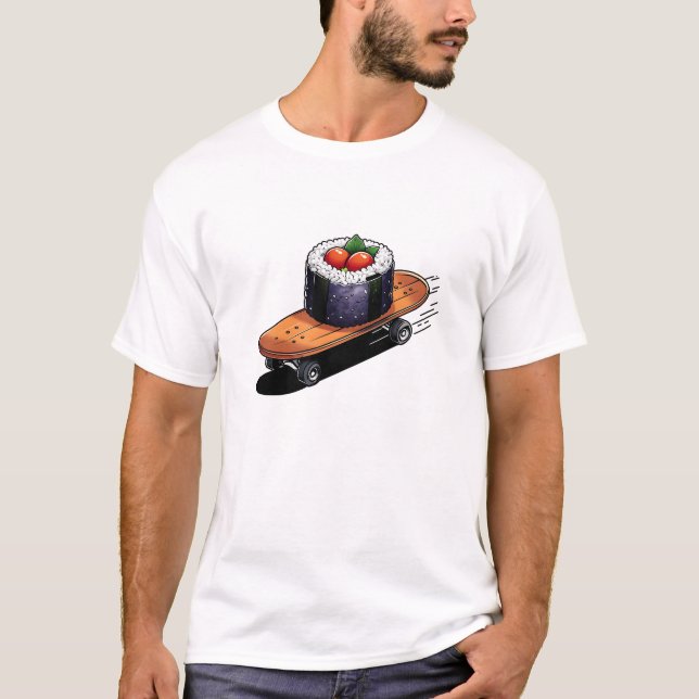 Cool Sushi auf einem Skateboard T - Shirt Design. (Vorderseite)