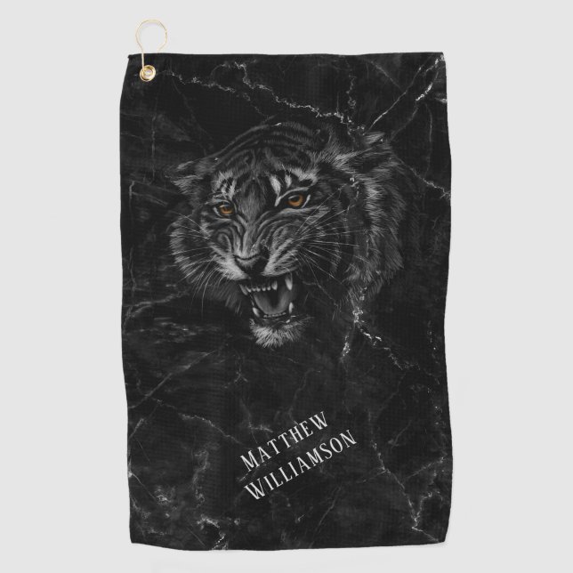 Cool Tiger Black Marble Background Monogram Golfhandtuch (Vorderseite)