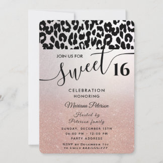 Cool Trendy Rose gold ombre leopard sweet 16 Einladung