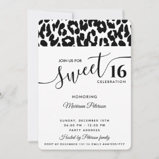 Cool Trendy Schwarz-weiß Leopard süß 16 Einladung
