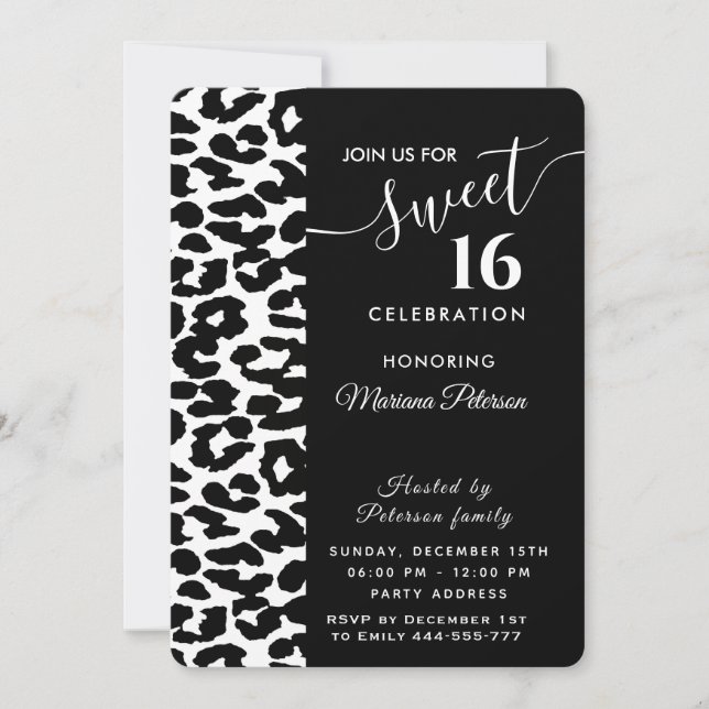 Cool Trendy Schwarz-weiß Leopard süß 16 Einladung (Vorderseite)