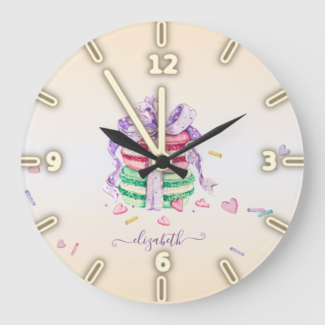 Cool Trendy Watercolor Macarons - Personalized Große Wanduhr (Vorderseite)