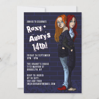 Cool Twins Cartoon Teen Girls Joint 14. Geburtstag Einladung
