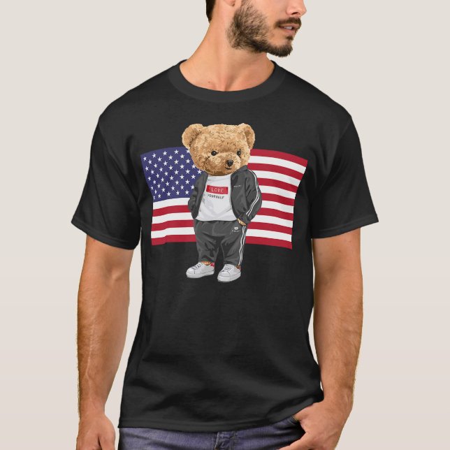 Cool USA Teddy Bear Illustration Novelty Graphic D T-Shirt (Vorderseite)
