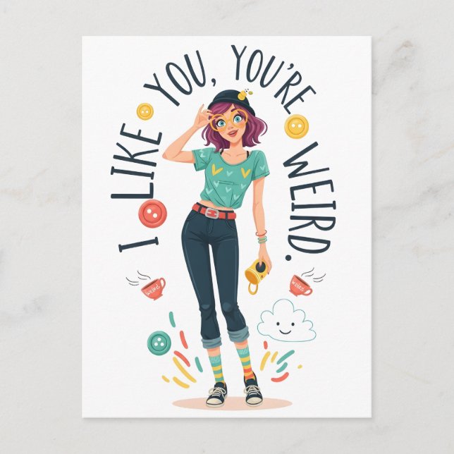 Cool Weird Girl Illustration I Like You Quirky  Postkarte (Vorderseite)