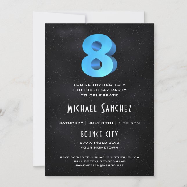 Coole 3D auf Black 8th Birthday Party Einladung (Vorderseite)