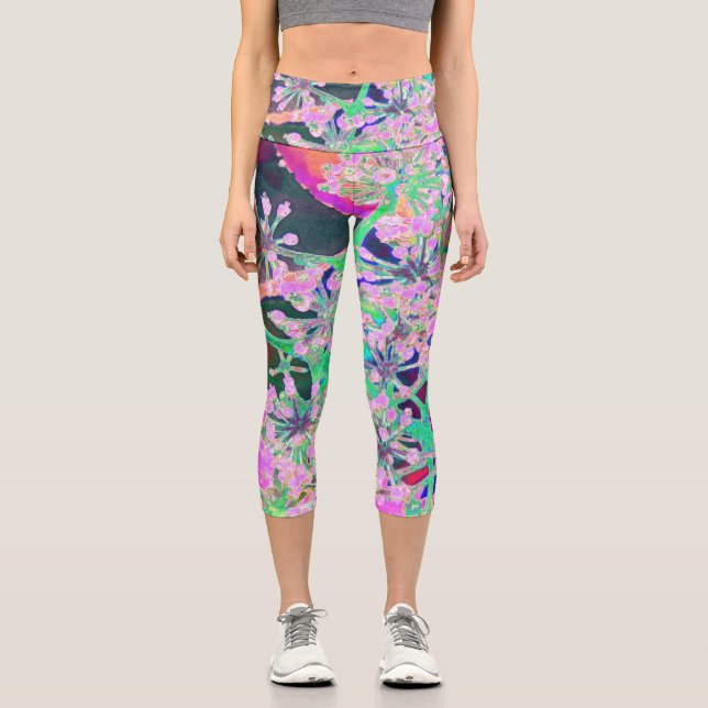 Coole Abstrakte Retro-Natur in Rosa und Kalkgrün Capri Leggings (Vorderseite)