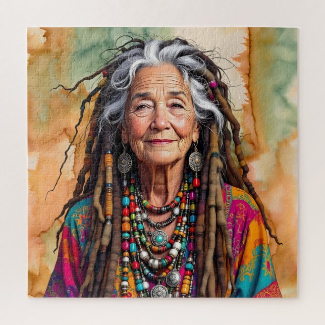 Coole alte Dame in Dreadlocks Hippie-Frau Puzzle (Vertikal)