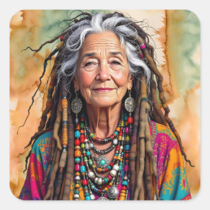 Coole alte Dame in Dreadlocks Hippie-Frau Quadratischer Aufkleber