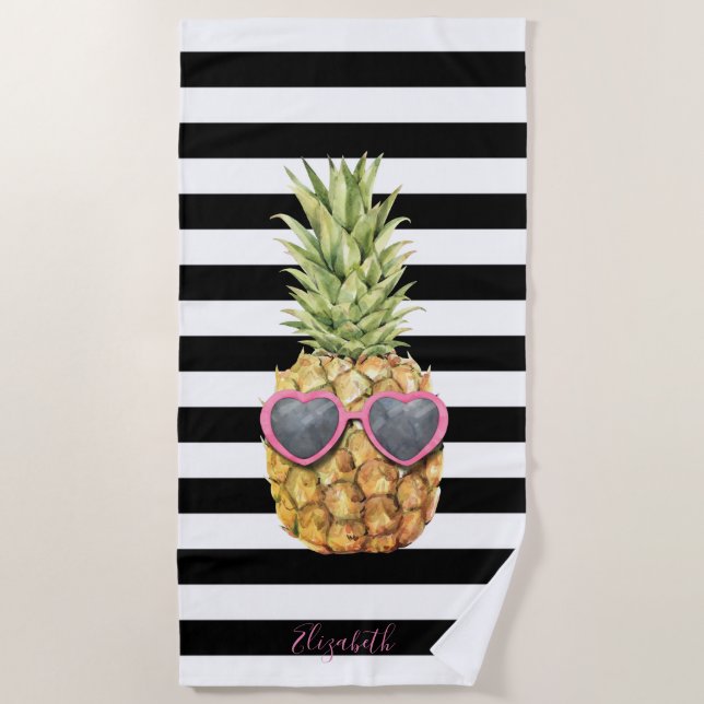 Coole Ananas, Schwarz-weiße Streifen Strandtuch (Vorderseite)