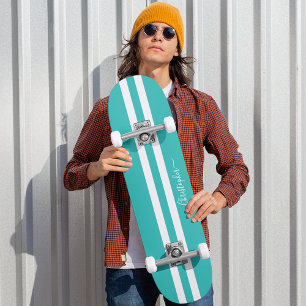 Coole Aquamarine Streifen Skater Monogramm Skateboard
