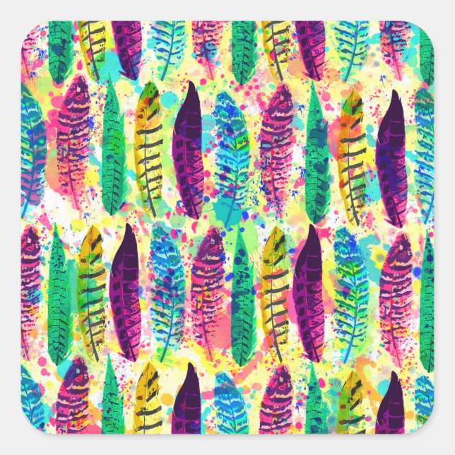 Coole Aquarellnonen-Spritzer-Stammfedern Quadratischer Aufkleber (Vorderseite)