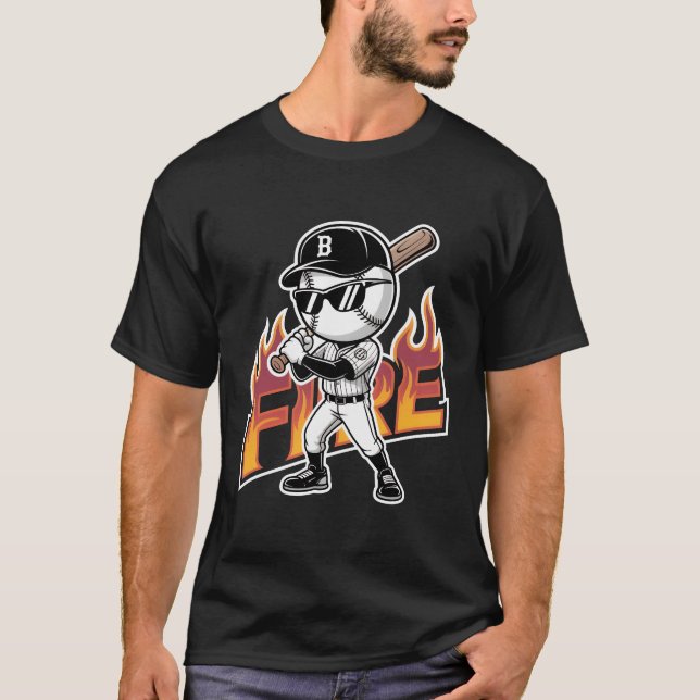 Coole Baseball-Maskottchen-Sonnenbrille-Flammtext- T-Shirt (Vorderseite)