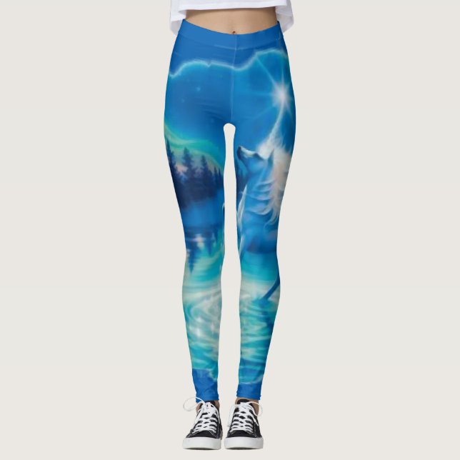 Coole blaue Fantasieunicorn-Spritzpistolen-Kunst Leggings (Vorderseite)