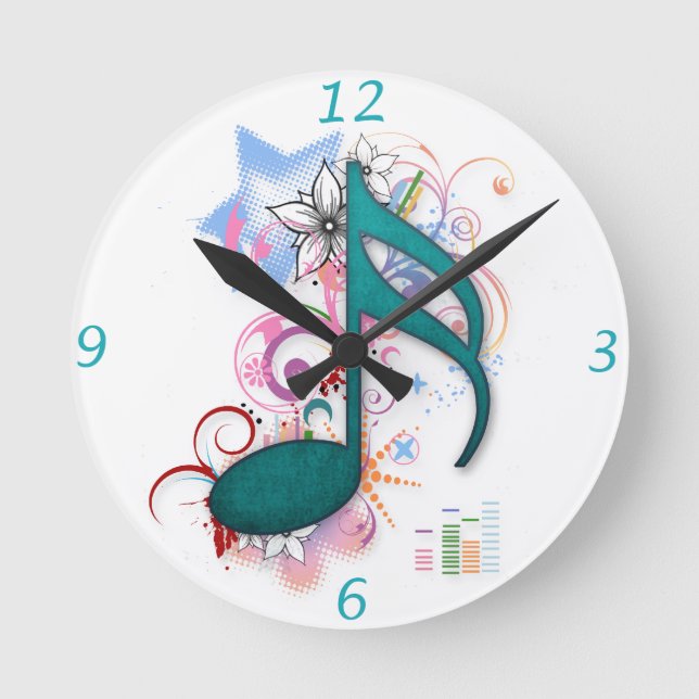 Coole blaue Grunge Musiknote Blume Wirbel Runde Wanduhr (Vorderseite)