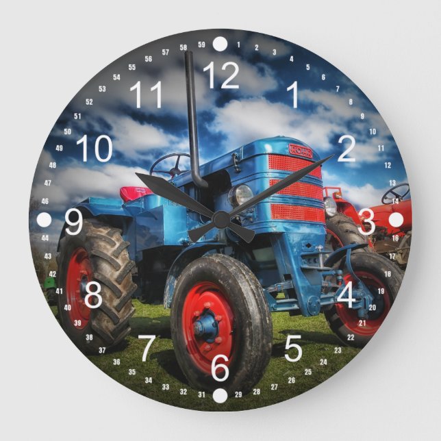 Coole blaue rote antike Traktorengeschenke für Bau Große Wanduhr (Vorderseite)