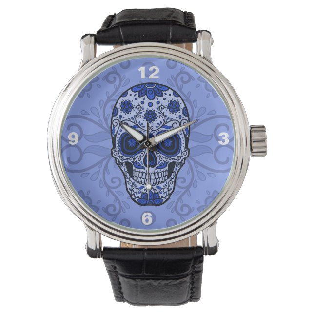 Coole Blue Sugar Skull Männerüberwachung Armbanduhr (Vorderseite)
