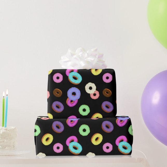 Coole, bunte Donuts schwarz Geschenkpapier (Partygeschenke)