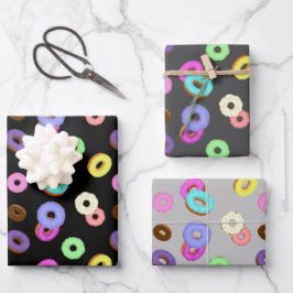 Coole, bunte Donuts schwarz Geschenkpapier Set