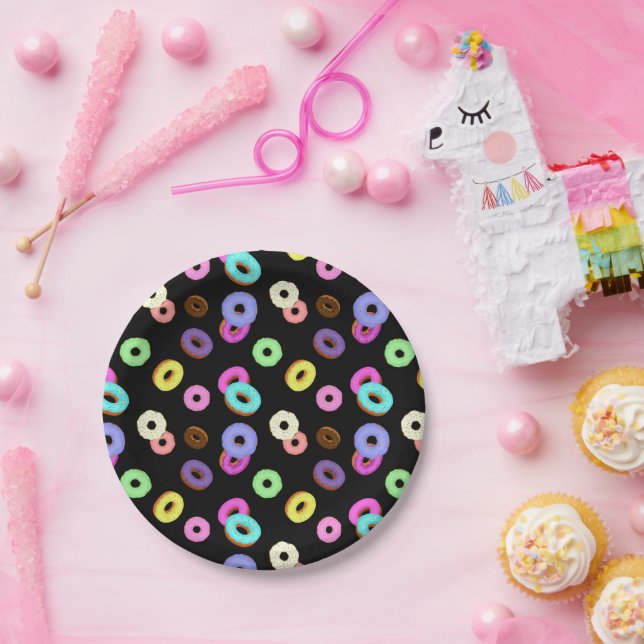 Coole, bunte Donuts schwarz Pappteller (Party)