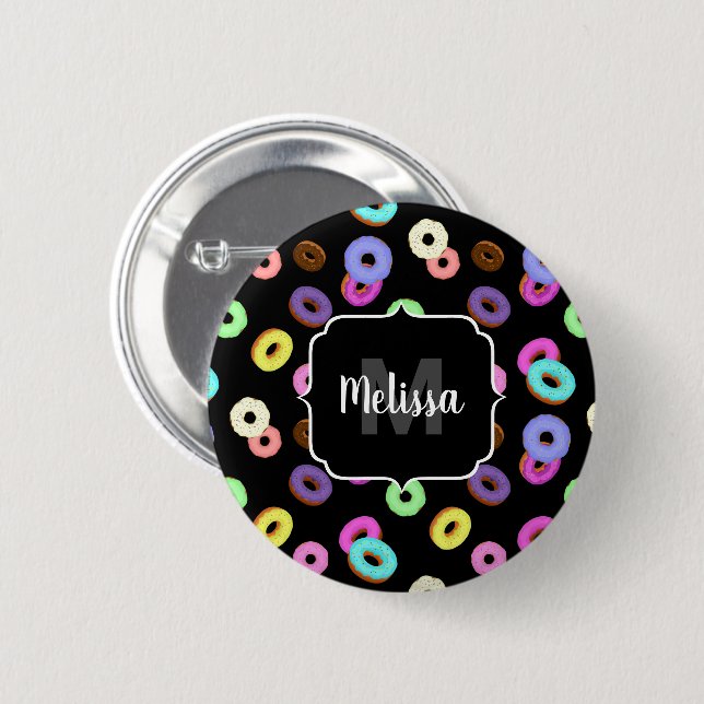 Coole, bunte Donuts schwarze Monogramm Button (Vorne & Hinten)
