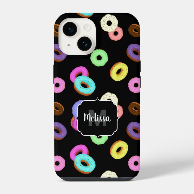 Coole, bunte Donuts schwarze Monogramm iPhone Hülle (Rückseite)