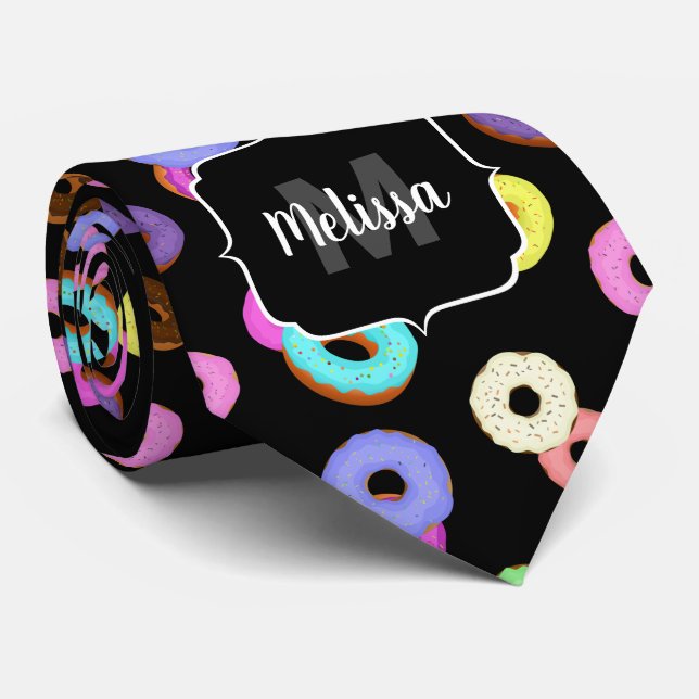 Coole, bunte Donuts schwarze Monogramm Krawatte (Gerollt)