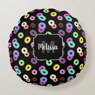 Coole, bunte Donuts schwarze Monogramm Rundes Kissen