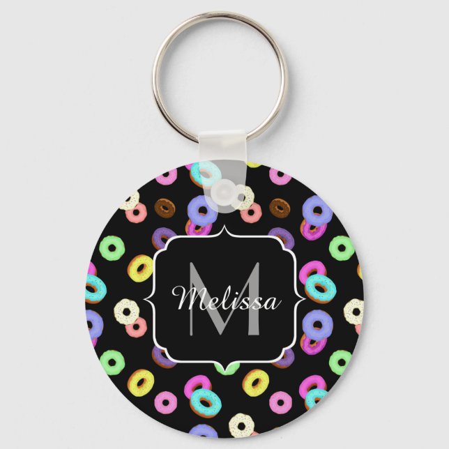 Coole, bunte Donuts schwarze Monogramm Schlüsselanhänger (Vorderseite)